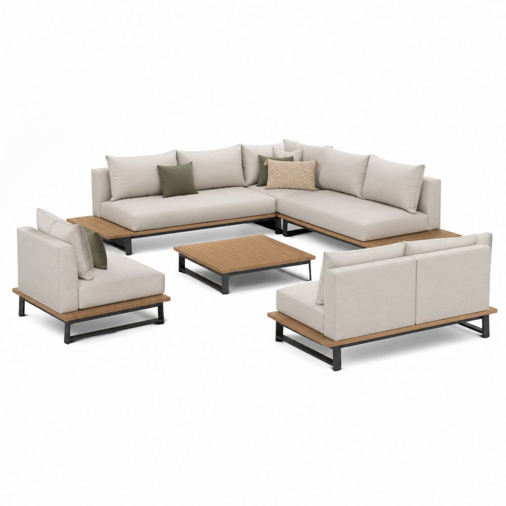 Salon de jardin 8 places avec table basse beige en acier thermolaqué et acacia 320 x 320 cm
