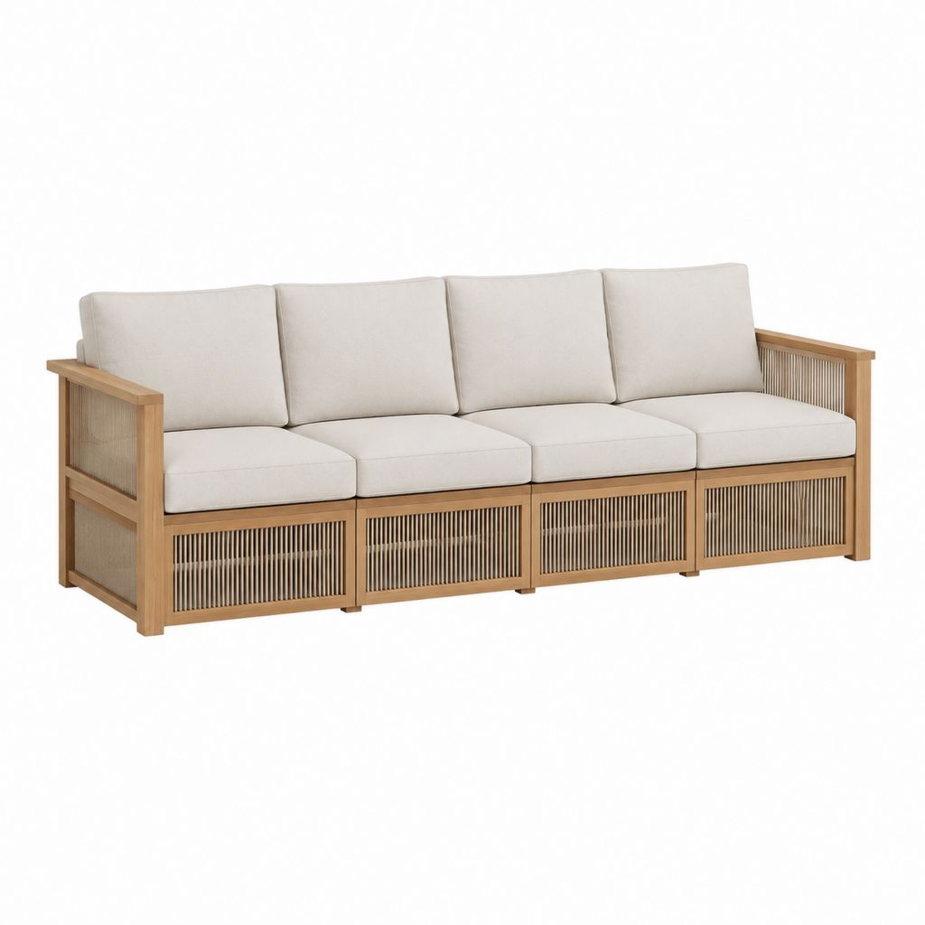 Canapé de jardin 4 places beige en acacia massif et corde polyester 240 x 80 x 75 cm