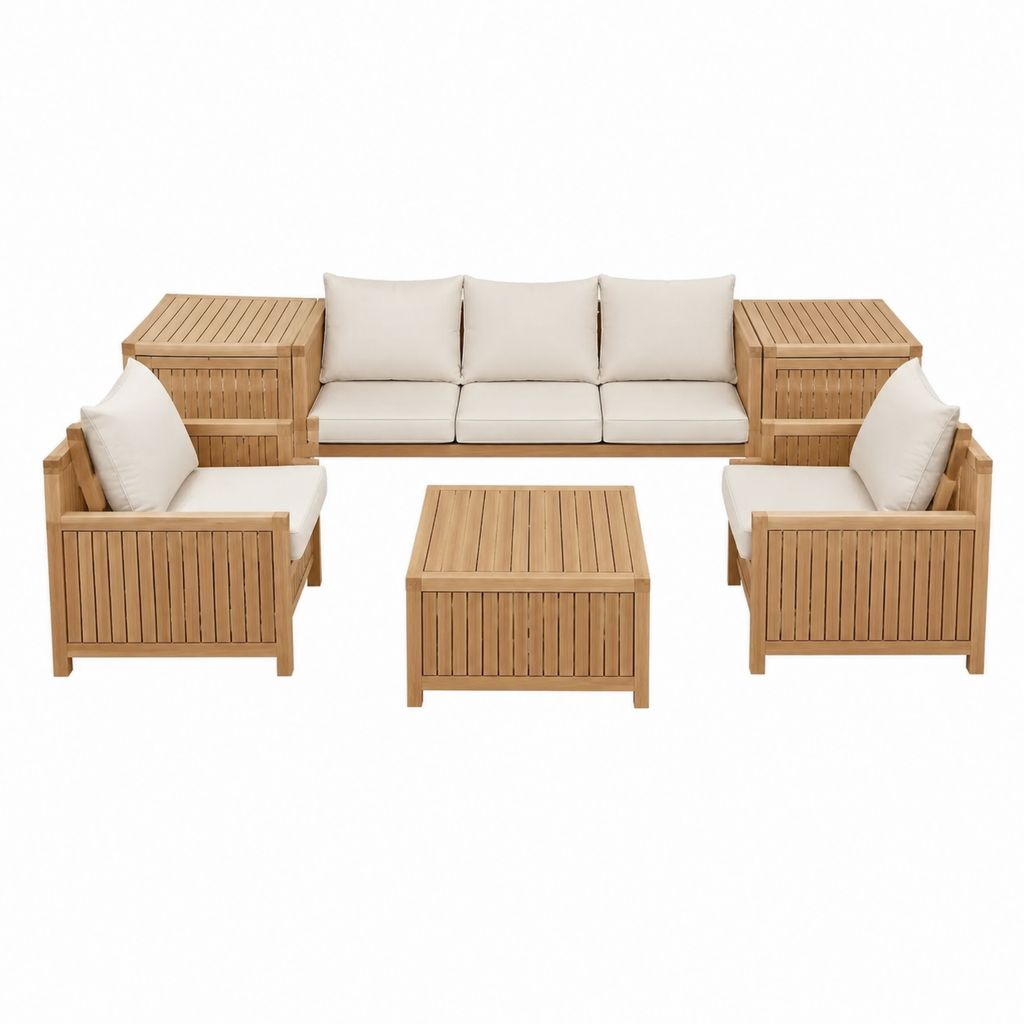 Salon de jardin 4 pièces en acacia massif naturel avec coussins beige canapé 3 places fauteuils et table basse 250 x 85 x 75 cm