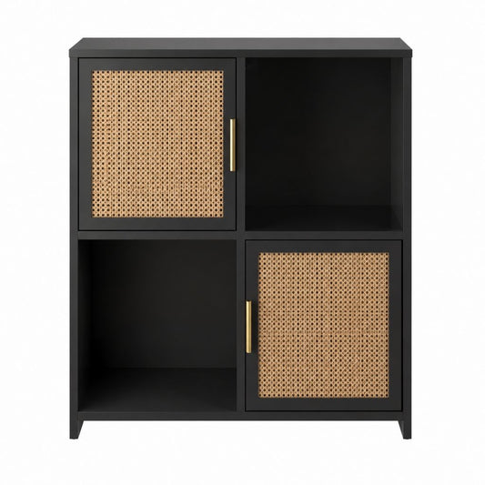 Étagère de rangement à poser noire en panneaux de particules avec portes en cannage 80 x 35 x 100 cm