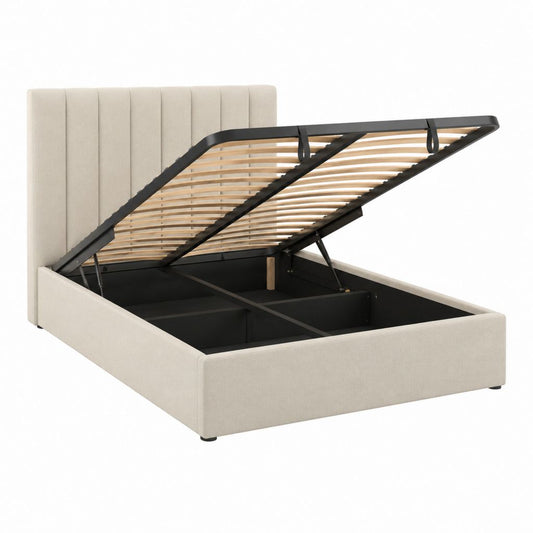 Lit coffre 160x200 cm beige en polyester avec sommier à lattes relevable