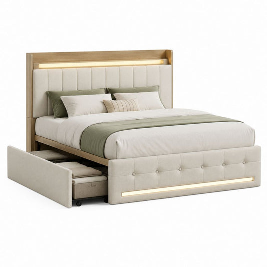 Lit double avec rangement et éclairage LED beige et chêne 160 x 200 cm