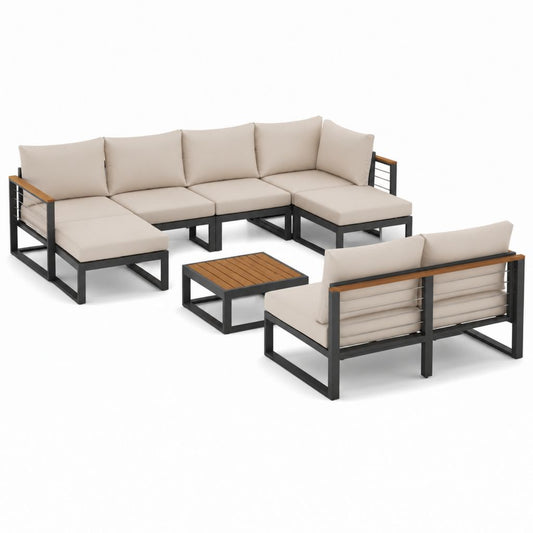Salon de jardin d'angle 7 places noir beige en aluminium avec table basse 303 x 220 cm