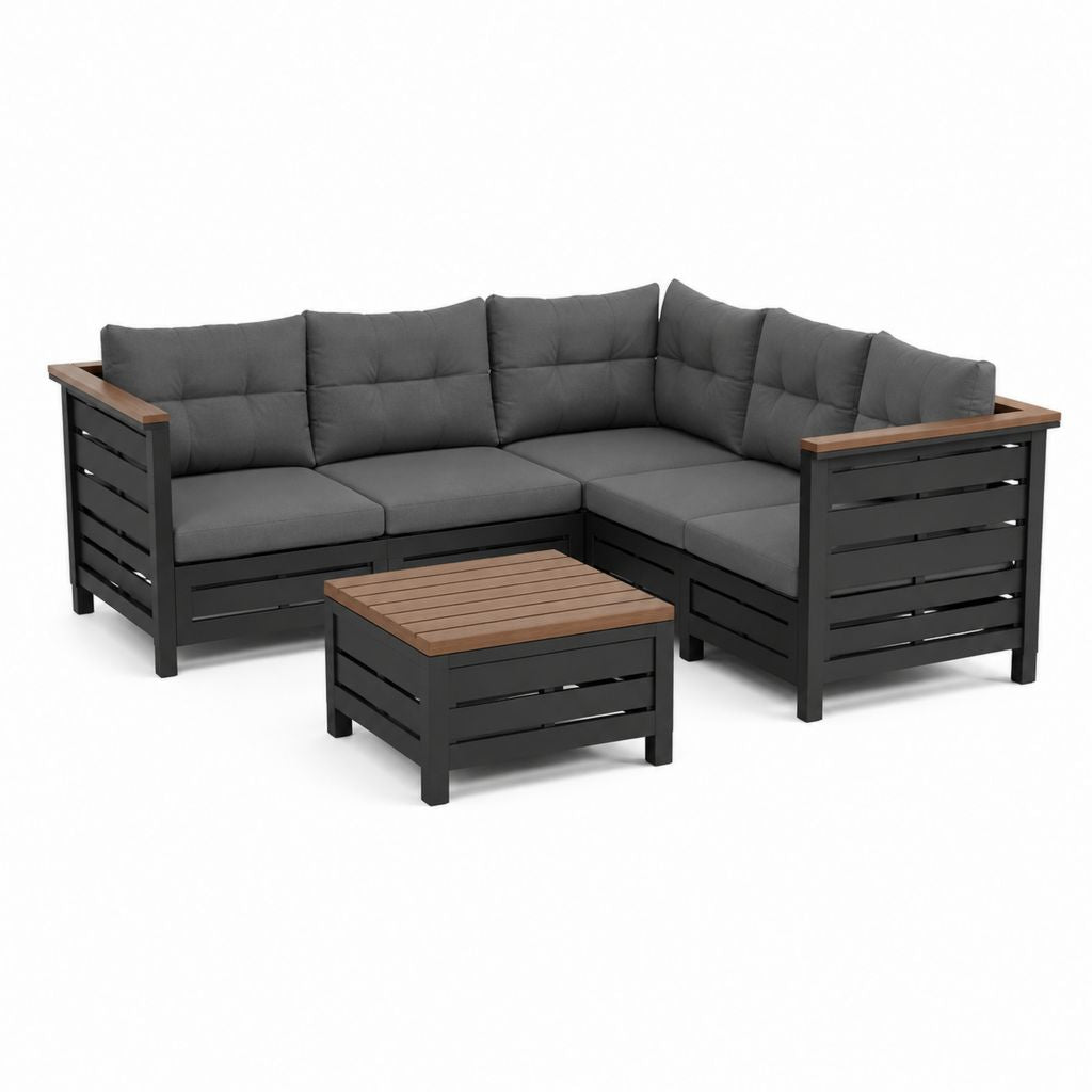 Salon de jardin d'angle 4 places noir et brun en aluminium et acacia avec coussins gris 220 x 220 x 70 cm