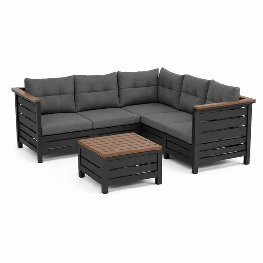 Salon de jardin d'angle 4 places noir et brun en aluminium et acacia avec coussins gris 220 x 220 x 70 cm