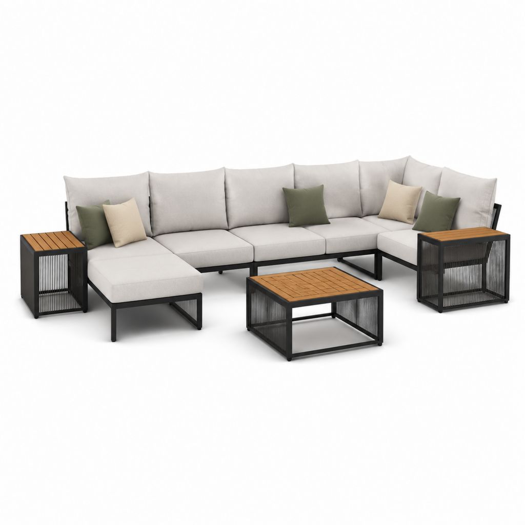Salon de jardin d'angle 5 places gris en aluminium et bois d'acacia avec tables 300 x 200 cm