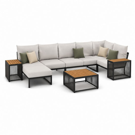 Salon de jardin d'angle 5 places gris en aluminium et bois d'acacia avec tables 300 x 200 cm