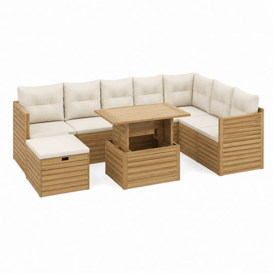 Salon de jardin d'angle 8 places en acacia massif beige avec table basse 280 x 220 x 70 cm