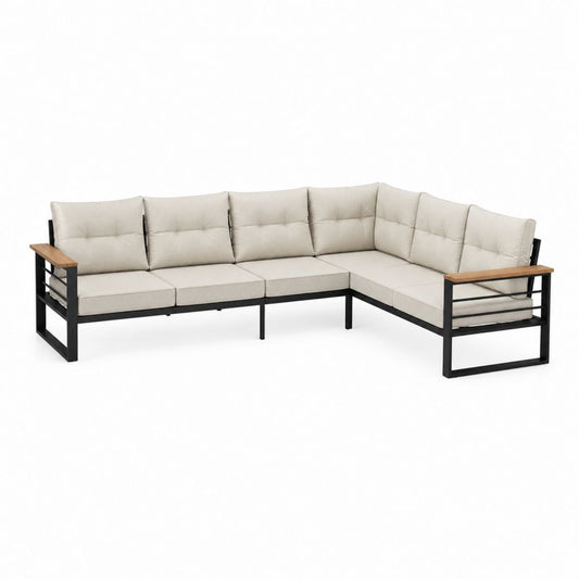 Salon de jardin d'angle 5 places beige en acier thermolaqué et acacia 250 x 180 x 80 cm