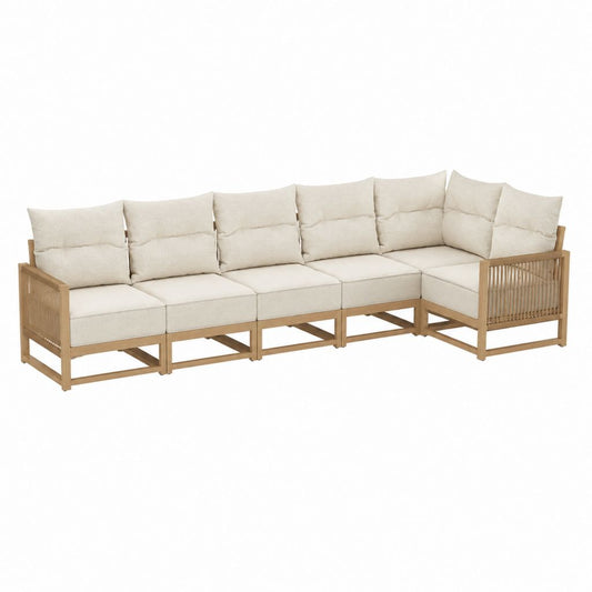 Canapé de jardin d'angle 5 places beige en bois d'acacia massif 300 x 230 x 75 cm