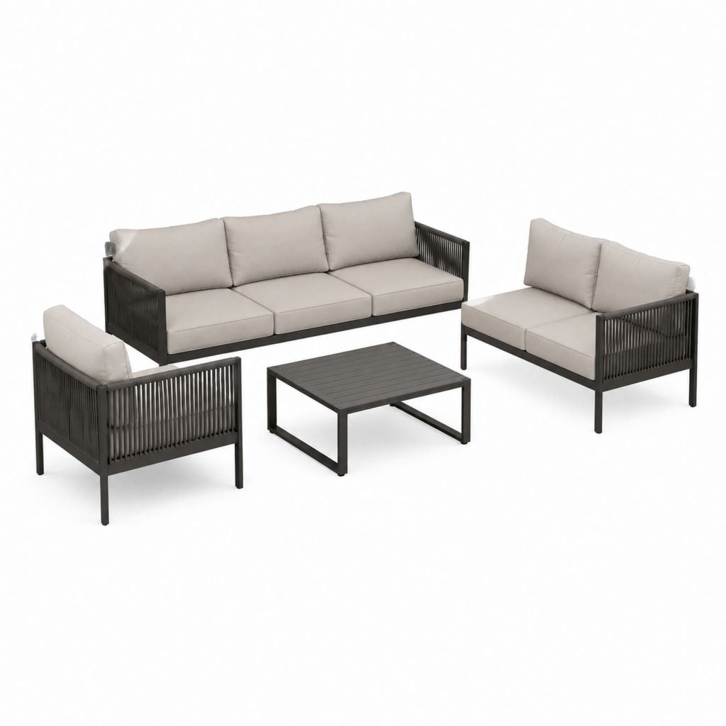 Salon de jardin 4 pièces noir et beige en aluminium avec coussins polyester canapé 3 places 198 x 76 x 75 cm