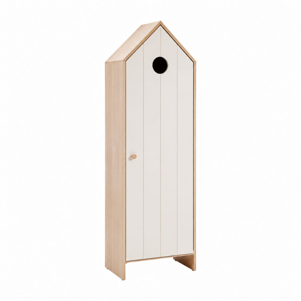 Armoire enfant 1 porte blanc et bois naturel en MDF forme maison 60 x 40 x 180 cm