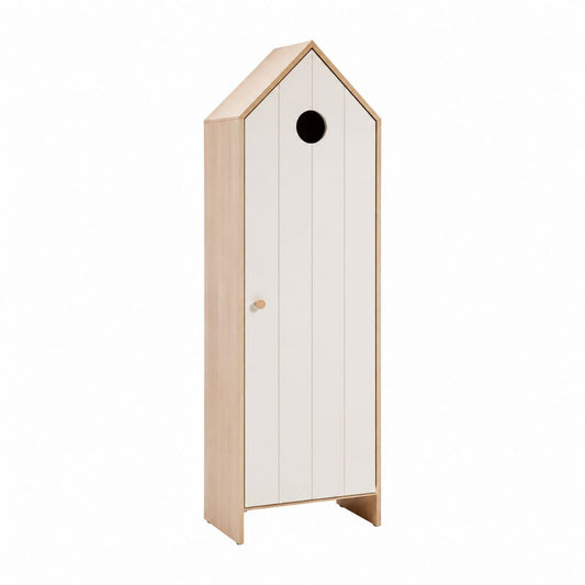 Armoire enfant 1 porte blanc et bois naturel en MDF forme maison 60 x 40 x 180 cm