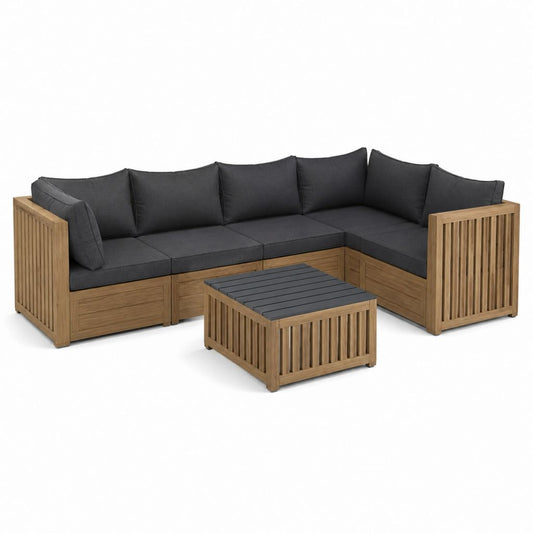 Salon de jardin d'angle 5 pièces en acacia massif marron avec coussins polyester anthracite 240 x 240 x 70 cm