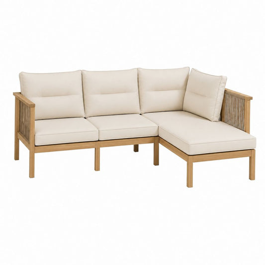 Canapé de jardin d'angle 3 places beige en bois d'acacia et corde avec coussins 210 x 150 x 75 cm