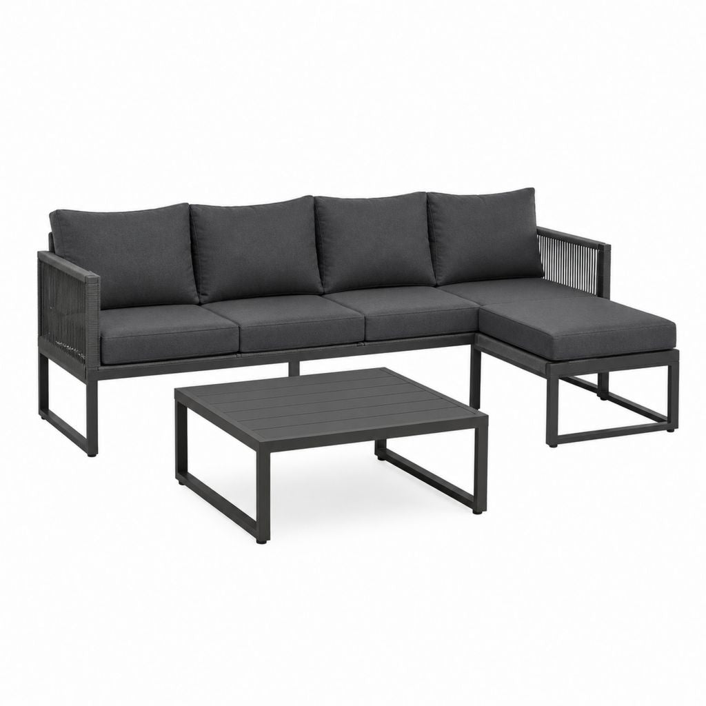Salon de jardin d'angle 4 places noir en aluminium avec coussins 250 x 150 x 65 cm et table basse 100 x 60 x 42 cm
