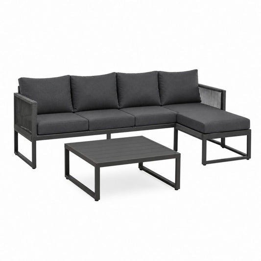 Salon de jardin d'angle 4 places noir en aluminium avec coussins 250 x 150 x 65 cm et table basse 100 x 60 x 42 cm