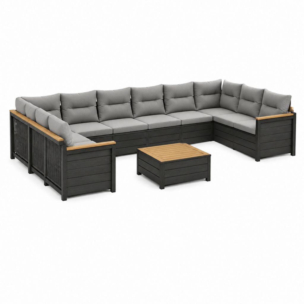 Salon de jardin d'angle 7 places noir et gris en acacia massif avec coussins en polyester 300 x 230 x 75 cm