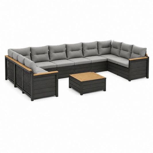 Salon de jardin d'angle 7 places noir et gris en acacia massif avec coussins en polyester 300 x 230 x 75 cm