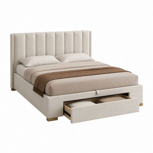 Lit double avec rangement beige en polyester 160 x 200 cm avec tête de lit capitonnée et 2 tiroirs