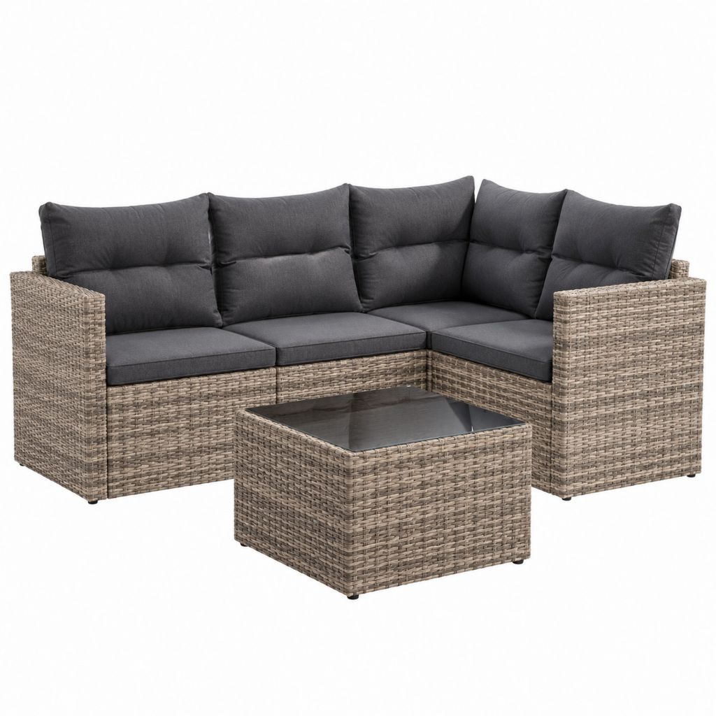 Salon de jardin d'angle 4 pièces gris brun en résine tressée PE avec coussins anthracite 140 x 140 x 60 cm