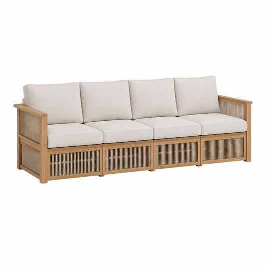 Canapé de jardin 4 places beige en acacia massif et corde polyester 240 x 80 x 75 cm