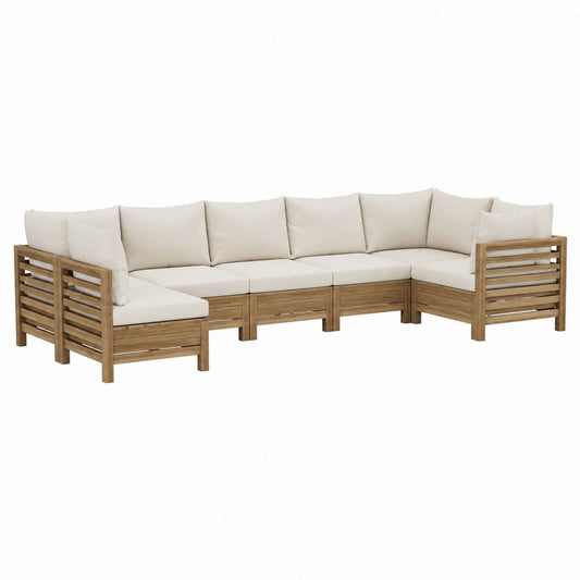 Canapé de jardin d'angle modulable 5 places beige en acacia avec coussins 280 x 210 x 75 cm