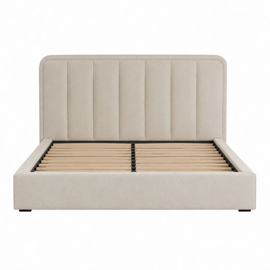 Lit avec rangement 160 x 200 cm beige en polyester avec tête de lit capitonnée
